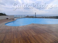 piscina con pavimentazione in legno e forma irregolare